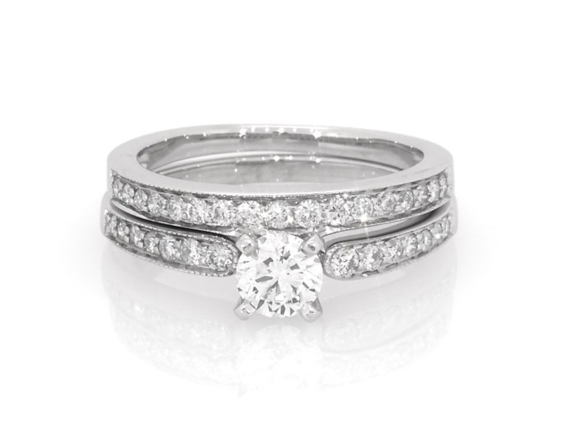 Main Image 1 of Previously Owned Round-Cut Diamond Milgrain Bridal Set 5/8 ct tw 14K White Gold Size 5.75