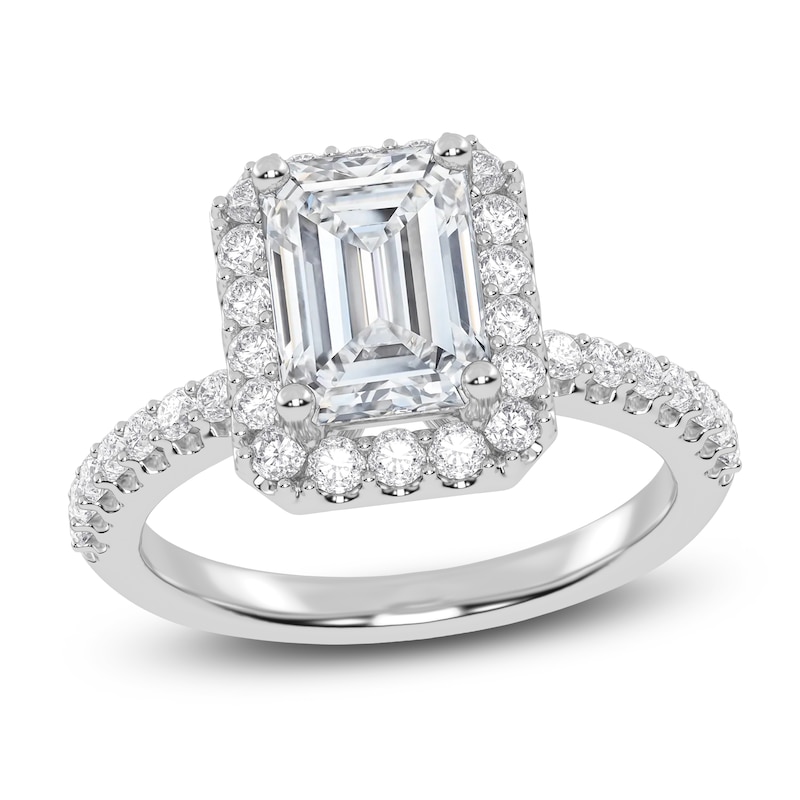 Main Image 1 of Previously Owned Emerald-Cut Lab-Grown Diamond Halo Engagement Ring 2 ct tw 14K White Gold