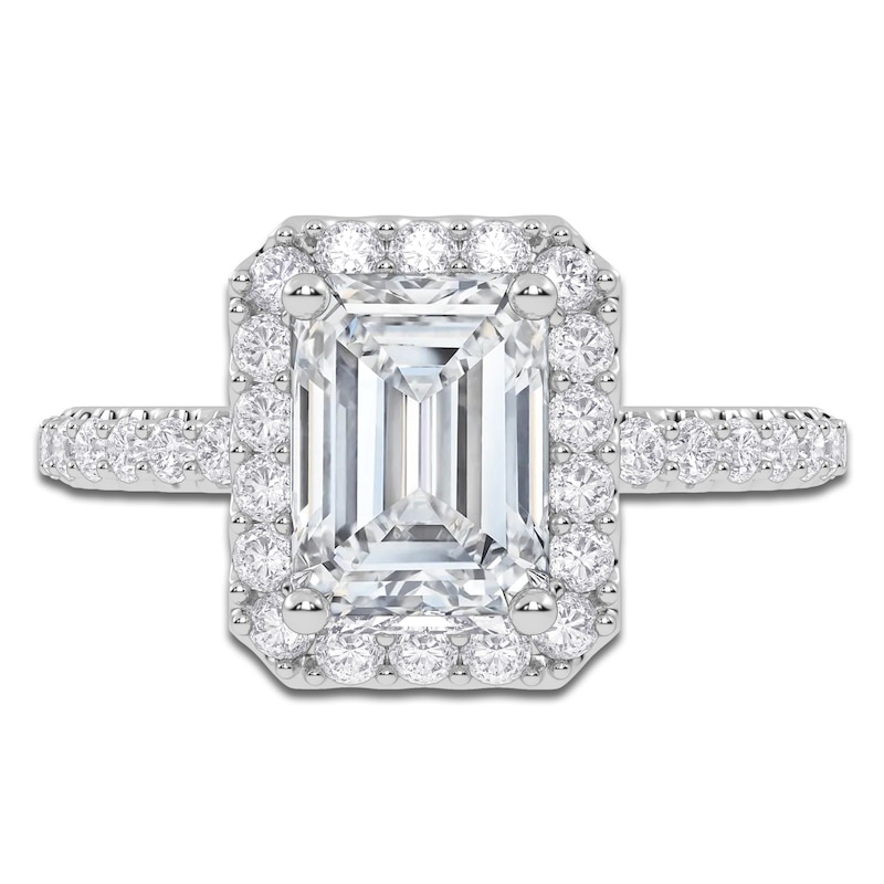 Main Image 3 of Previously Owned Emerald-Cut Lab-Grown Diamond Halo Engagement Ring 2 ct tw 14K White Gold
