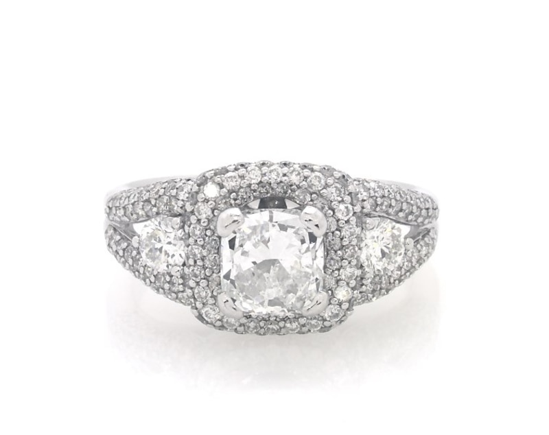 Main Image 1 of Previously Owned Cushion-Cut Diamond Three-Stone Engagement Ring 2 ct tw 14K White Gold Size 7