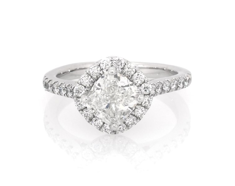 Main Image 1 of Previously Owned Cushion-Cut Halo Engagement Ring 1-1/2 ct tw 14K White Gold Size 5