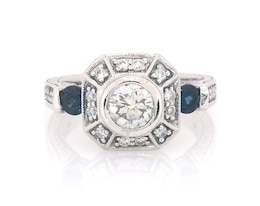 Previously Owned Round-Cut Diamond & Natural Blue Sapphire Vintage-Style Engagement Ring 7/8 ct tw 18K White Gold Size 5.5
