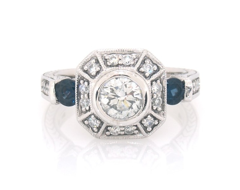 Main Image 1 of Previously Owned Round-Cut Diamond & Natural Blue Sapphire Vintage-Style Engagement Ring 7/8 ct tw 18K White Gold Size 5.5