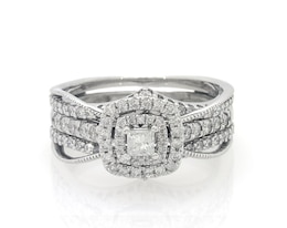 Previously Owned Princess-Cut Diamond Double Halo Bridal Set 7/8 ct tw 10K White Gold Size 6.25
