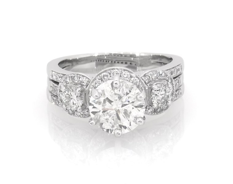 Main Image 1 of Previously Owned Round-Cut Diamond Halo Three-Stone Bridal Set 2-1/4 ct tw 14K White Gold Size 5
