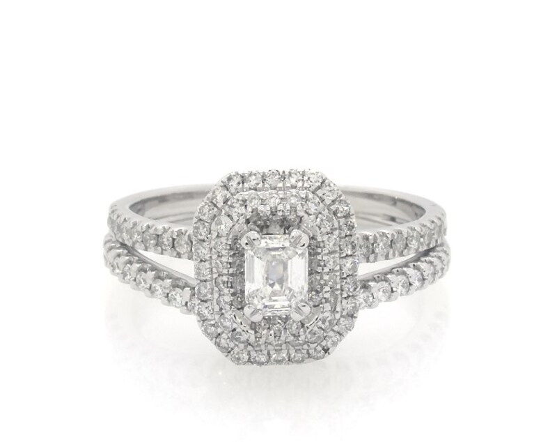 Main Image 1 of Previously Owned Emerald-Cut Diamond Double Halo Bridal Set 7/8 ct tw 14K White Gold Size 6.25
