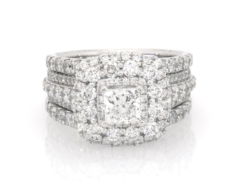 Main Image 1 of Previously Owned Princess-Cut Diamond Triple-Halo Bridal Set 2-7/8 ct tw 14K White Gold Size 5.5