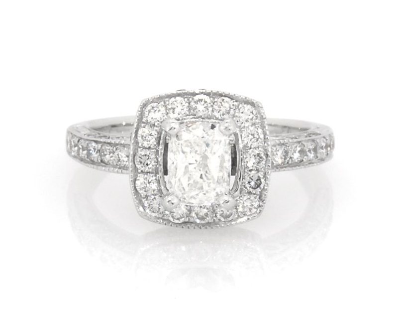 Main Image 1 of Previously Owned Cushion-Cut Diamond Halo Engagement Ring 1-1/6 ct tw 14K White Gold Size 3.5