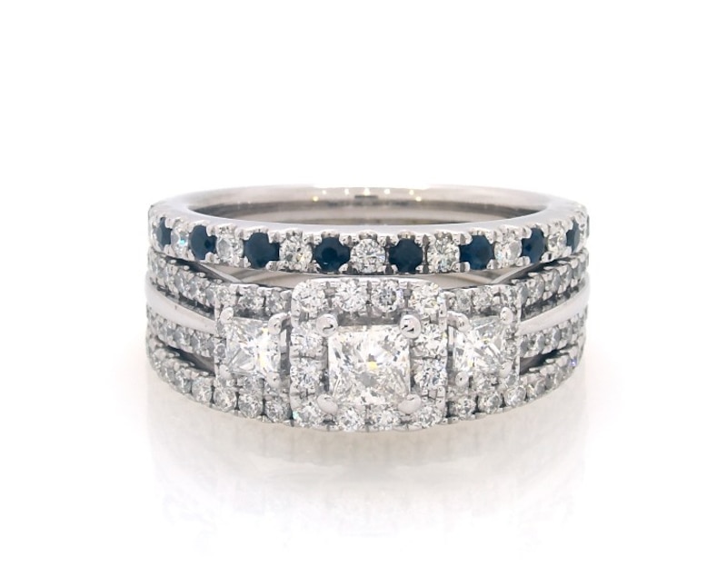 Main Image 1 of Previously Owned Princess-Cut Diamond & Blue Sapphire Bridal Set 1-1/3 ct tw 14K White Gold Size 6.75