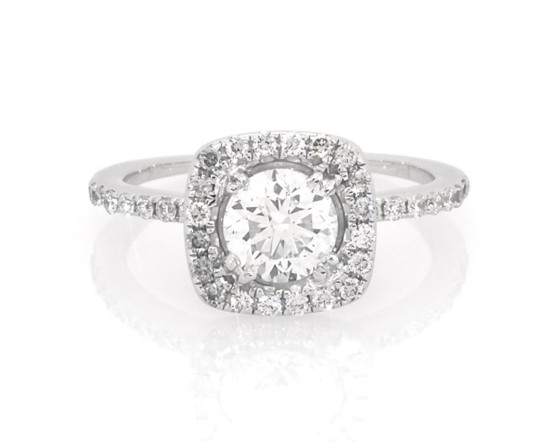 Main Image 1 of Previously Owned Round-Cut Diamond Cushion Halo Engagement Ring 1 ct tw 14K White Gold Size 5