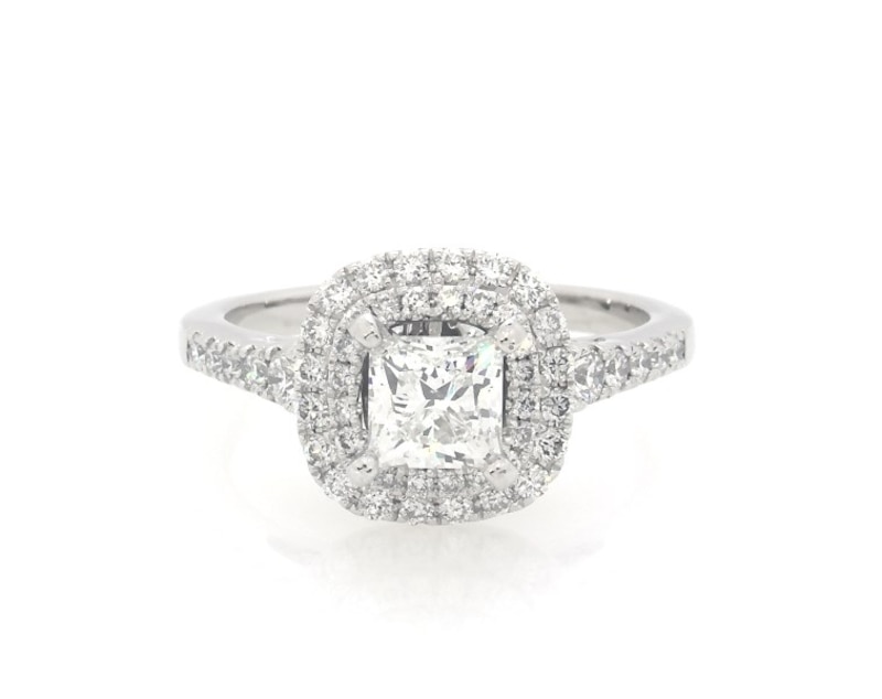 Main Image 1 of Previously Owned Princess-Cut Diamond Double Halo Engagement Ring 1-1/8 ct tw 14K White Gold Size 5.5