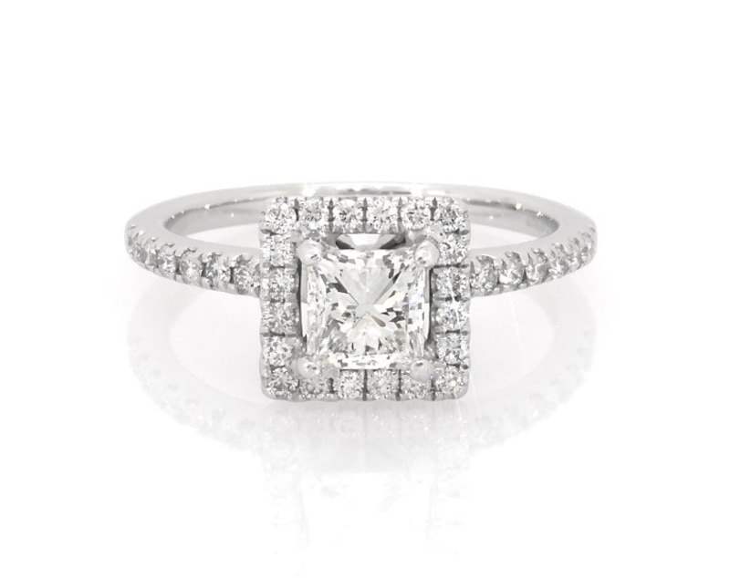 Main Image 1 of Previously Owned Princess-Cut Diamond Halo Engagement Ring 1 ct tw 14K White Gold Size 6.5