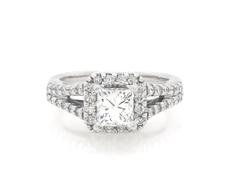 Main Image 1 of Previously Owned Princess-Cut Diamond Halo Engagement Ring 1-3/8 ct tw 14K White Gold Size 5