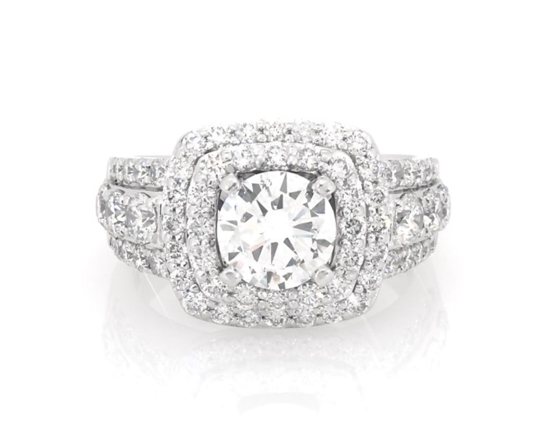 Main Image 1 of Previously Owned Round-Cut Diamond Cushion Halo Engagement 2-3/4 ct tw 14K White Gold Size 6.75