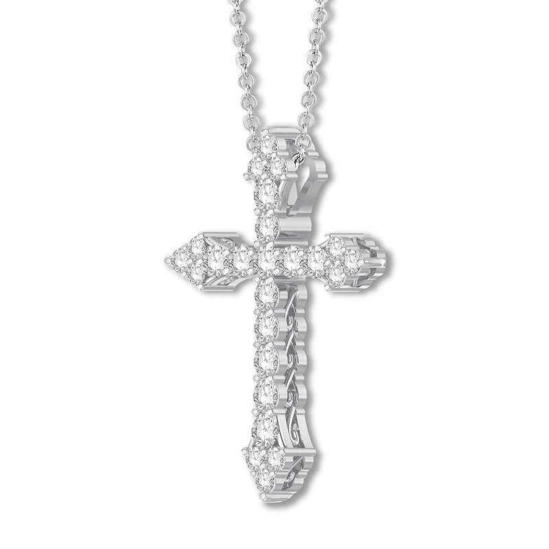 Main Image 3 of Previously Owned Diamond Cross Necklace 1 ct tw Round 14K White Gold