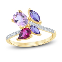 Previously Owned Natural Amethyst, Light Amethyst, Rhodolite Garnet & Diamond Multi-Shape Cluster Ring 1/6 ct tw 14K Yellow Gold
