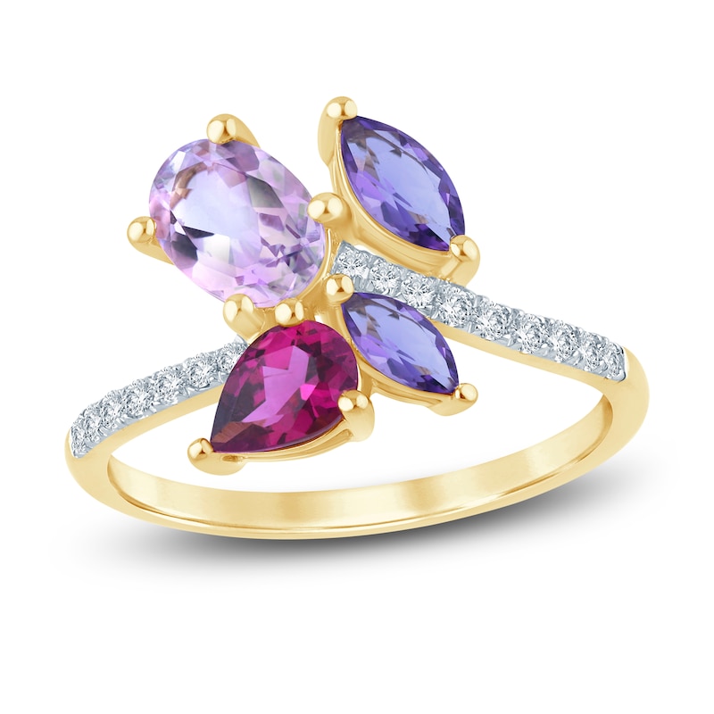 Main Image 1 of Previously Owned Natural Amethyst, Light Amethyst, Rhodolite Garnet & Diamond Multi-Shape Cluster Ring 1/6 ct tw 14K Yellow Gold