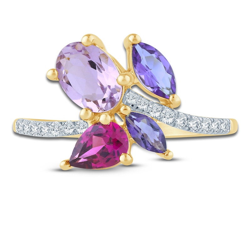 Main Image 3 of Previously Owned Natural Amethyst, Light Amethyst, Rhodolite Garnet & Diamond Multi-Shape Cluster Ring 1/6 ct tw 14K Yellow Gold