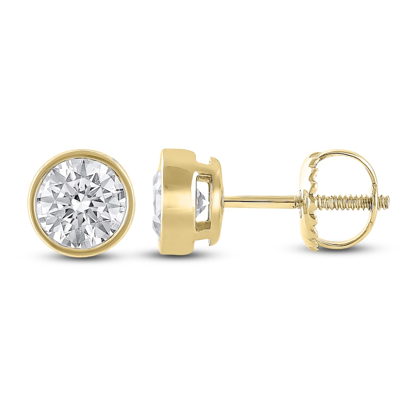 Main Image 1 of Previously Owned Round-Cut Lab-Grown Diamond Bezel-Set Solitaire Stud Earrings 1 ct tw 18K Yellow Gold (F/VS2)