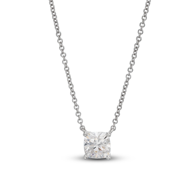 Main Image 1 of Previously Owned Lab-Grown Diamond Solitaire Necklace 1 ct tw Cushion 14K White Gold 19" (SI2/F)