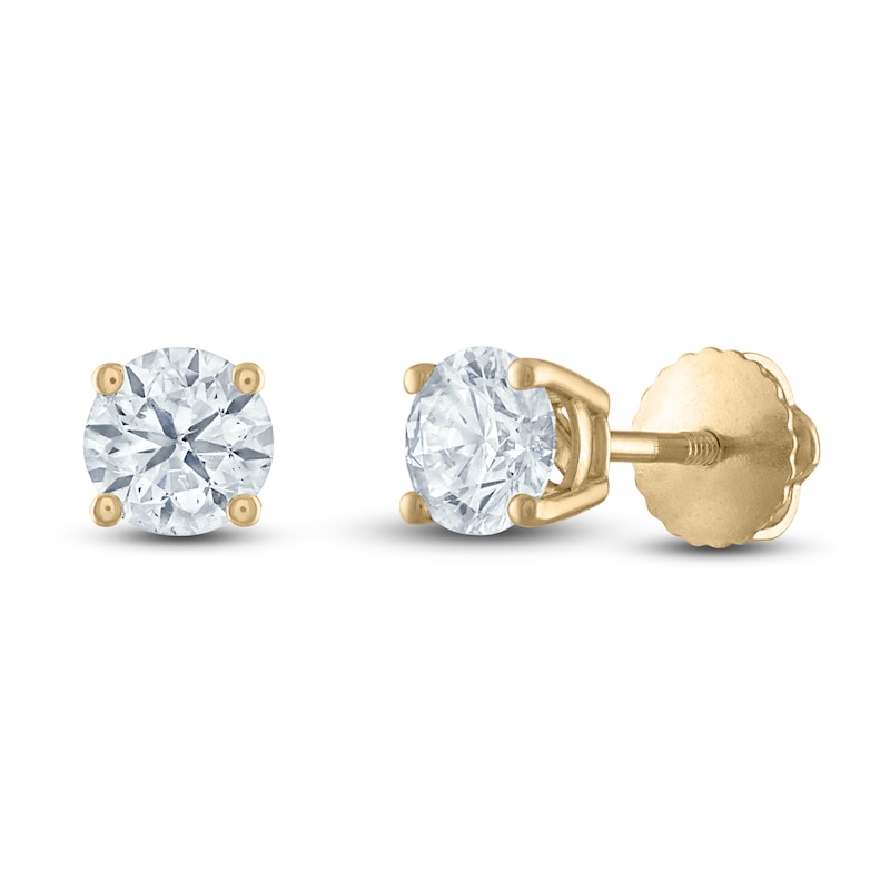 Main Image 1 of Previously Owned Certified Diamond Solitaire Stud Earrings 3/4 ct tw Round 14K Yellow Gold (I/I1)