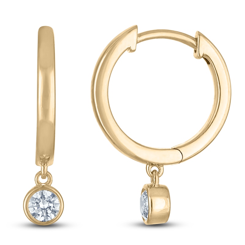 Main Image 1 of Previously Owned Certified Round-Cut Diamond Bezel-Set Solitaire Dangle Hoop Earrings 1/2 ct tw 14K Yellow Gold (I/I1)