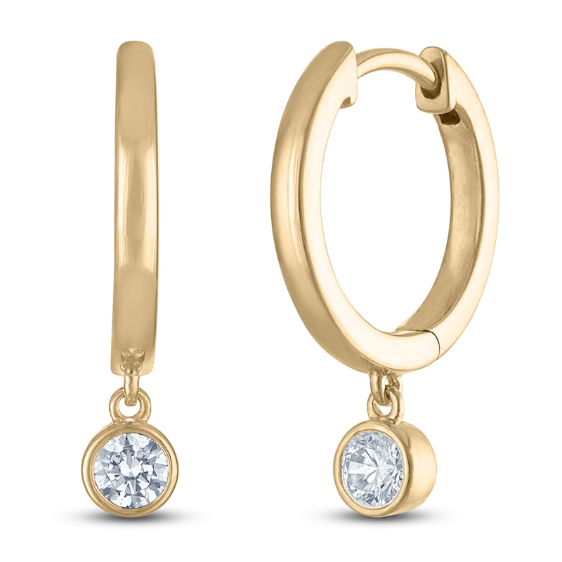 Main Image 2 of Previously Owned Certified Round-Cut Diamond Bezel-Set Solitaire Dangle Hoop Earrings 1/2 ct tw 14K Yellow Gold (I/I1)