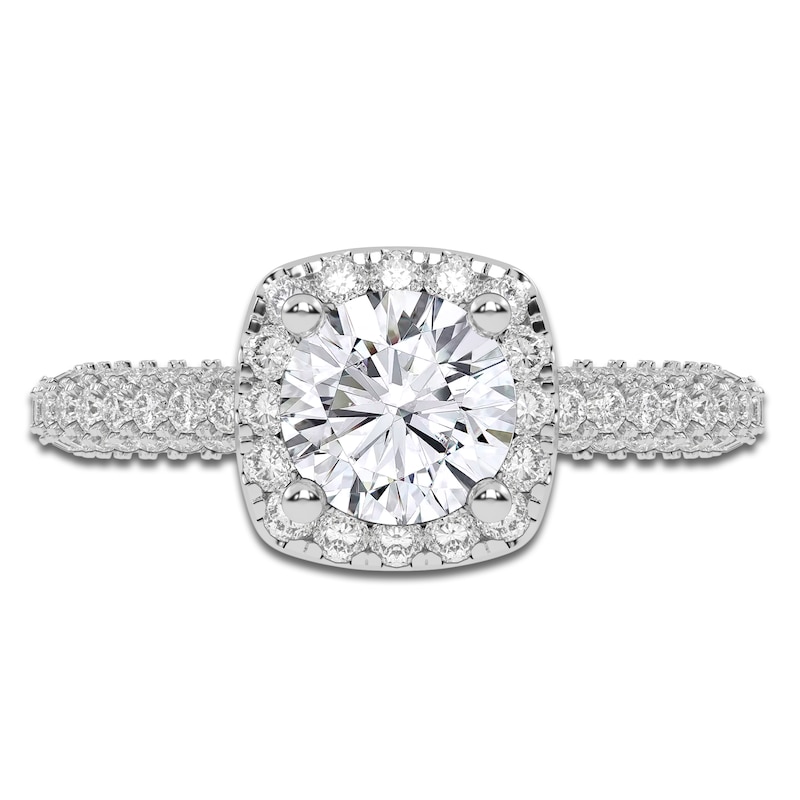 Main Image 3 of Previously Owned Round-Cut Lab-Grown Diamond Cushion Halo Engagement Ring 1-1/4 ct tw 14K White Gold