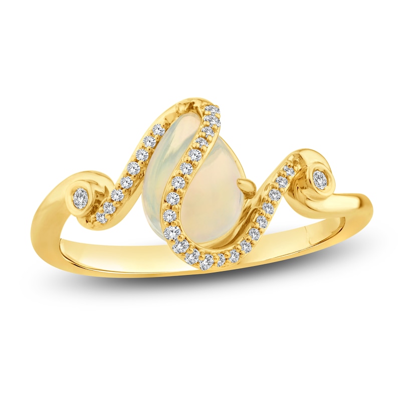 Main Image 1 of Previously Owned Pear-Shaped Natural Opal & Diamond Ribbon Ring 1/10 ct tw 14K Yellow Gold