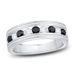 Previously Owned Men's Certified Black & White Diamond Wedding Band 1 ct tw 14K White Gold