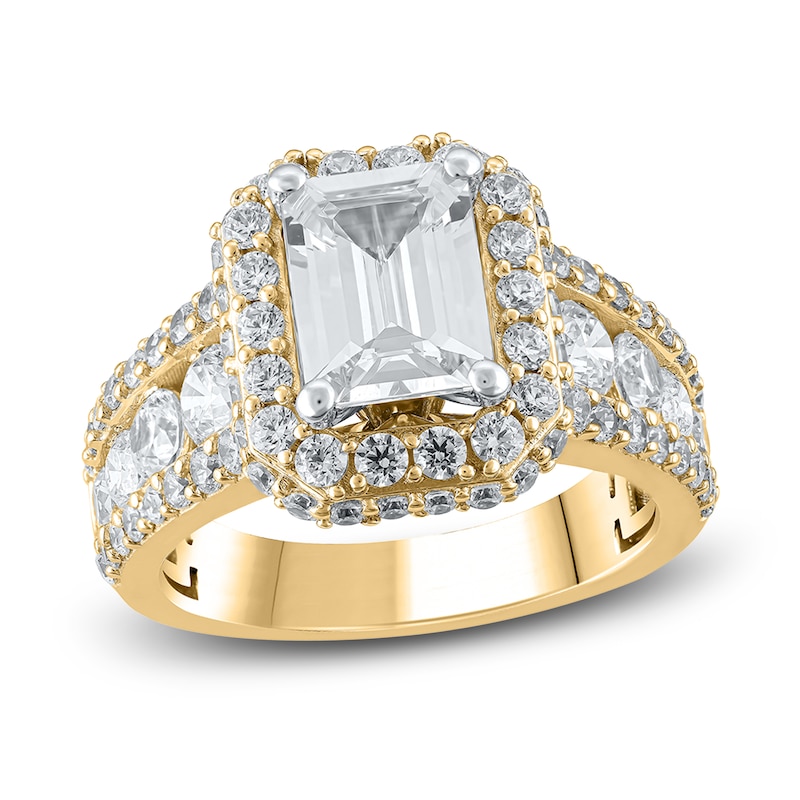 Main Image 1 of Previously Owned Lab-Grown Diamond Engagement Ring 4 ct tw Emerald/Round 14K Two-Tone Gold