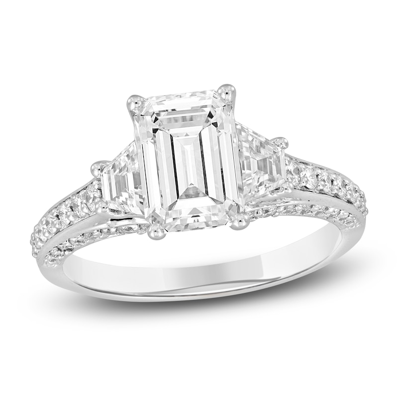 Main Image 1 of Previously Owned Lab-Grown Diamond Emerald-Cut & Trapezoid-Cut Three-Stone Engagement Ring 3 ct tw 14K White Gold