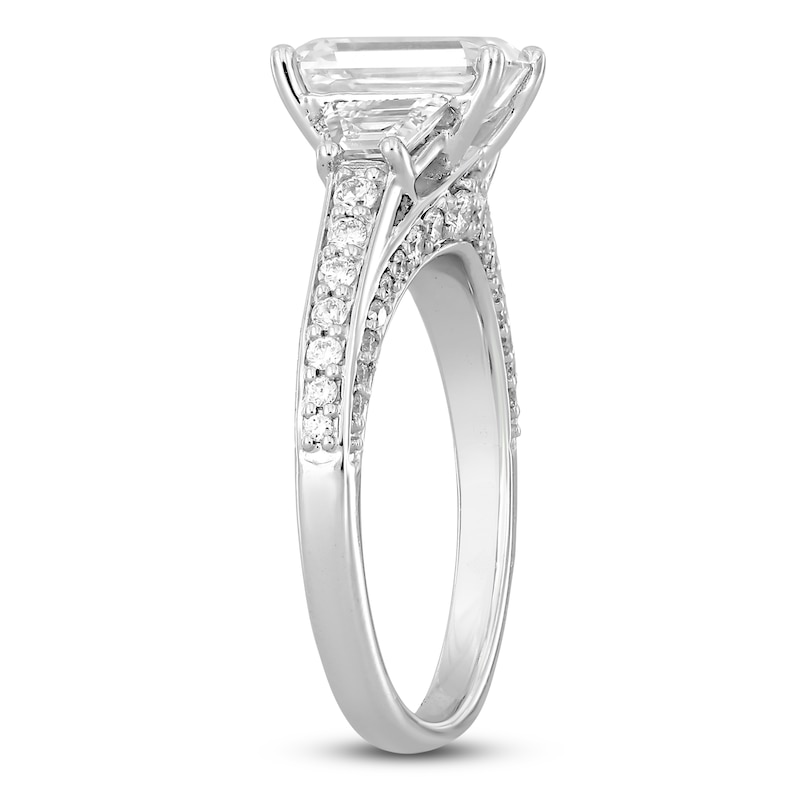 Main Image 2 of Previously Owned Lab-Grown Diamond Emerald-Cut & Trapezoid-Cut Three-Stone Engagement Ring 3 ct tw 14K White Gold