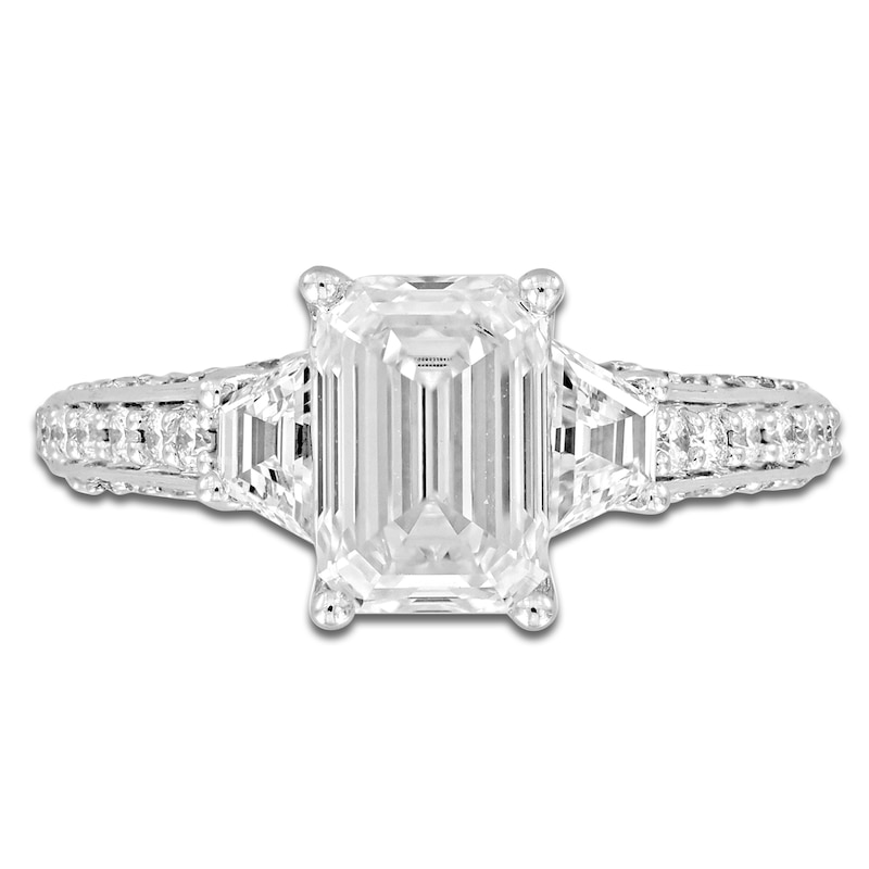 Main Image 3 of Previously Owned Lab-Grown Diamond Emerald-Cut & Trapezoid-Cut Three-Stone Engagement Ring 3 ct tw 14K White Gold