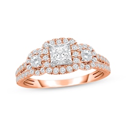 Previously Owned Princess-Cut Diamond Three-Stone Halo Engagement Ring 1 ct tw 14K Rose Gold