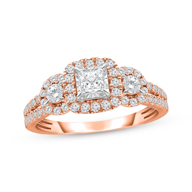 Main Image 1 of Previously Owned Princess-Cut Diamond Three-Stone Halo Engagement Ring 1 ct tw 14K Rose Gold