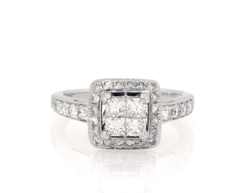 Main Image 1 of Previously Owned Princess-Cut Diamond Halo Engagement Ring 1 ct tw 14K White Gold Size 6