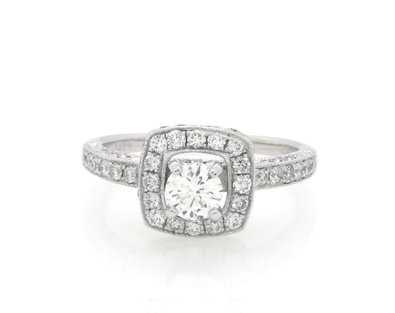 Main Image 1 of Previously Owned Round-Cut Diamond Halo Engagement Ring 7/8 ct tw 14K White Gold Size 5.75