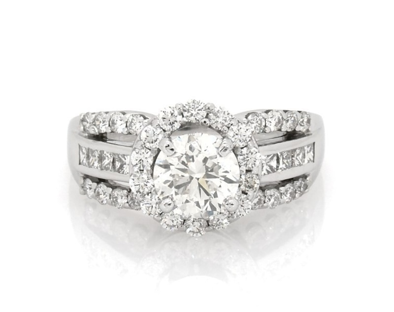 Main Image 1 of Previously Owned Round-Cut Diamond Halo Engagement Ring 2-5/8 ct tw 18K White Gold Size 8