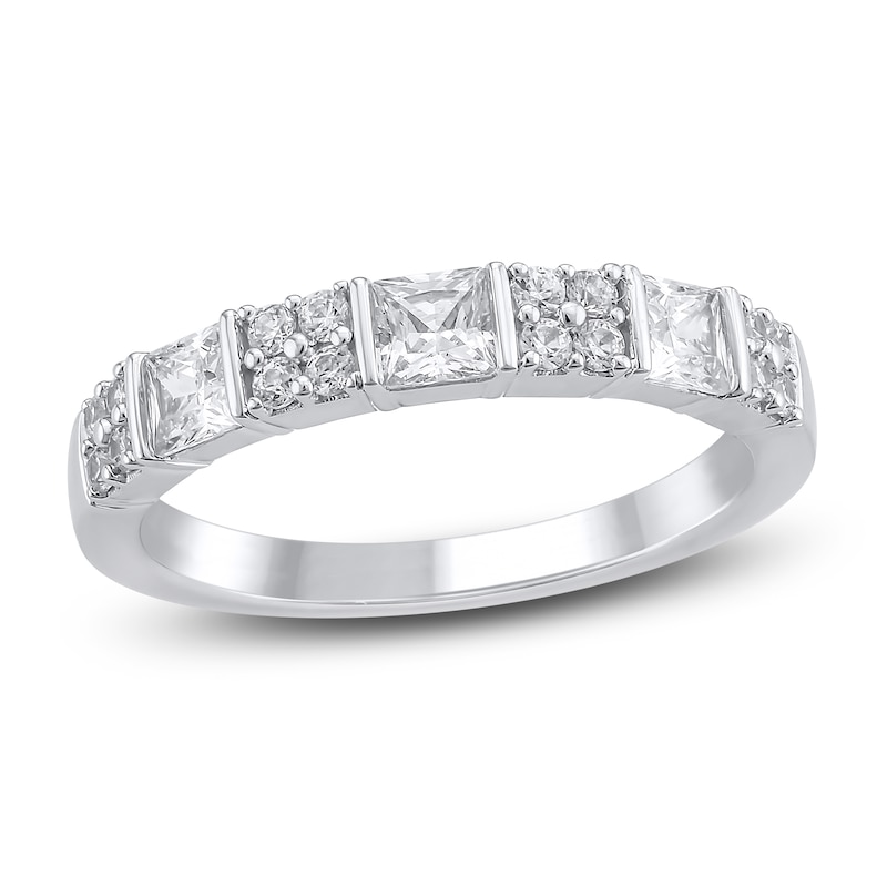 Main Image 1 of Previously Owned Certified Princess & Round-Cut Diamond Anniversary Ring 1 ct tw 14K White Gold