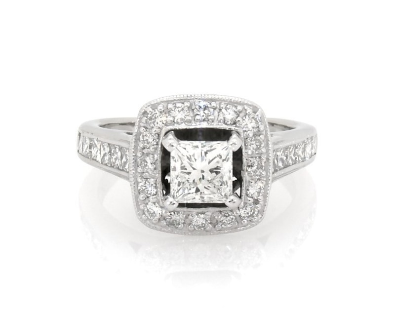 Main Image 1 of Previously Owned Princess-Cut Diamond Halo Engagement Ring 1-5/8 ct tw 18K White Gold Size 5.5