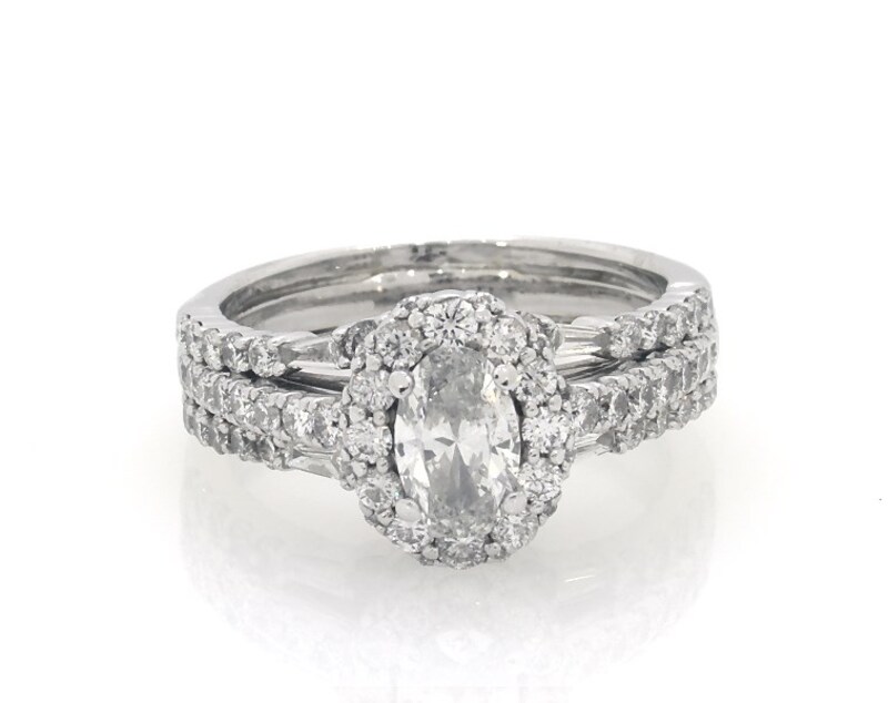 Main Image 1 of Previously Owned Oval-Cut Diamond Halo Bridal Set 2-1/8 ct tw 14K White Gold Size 8.5