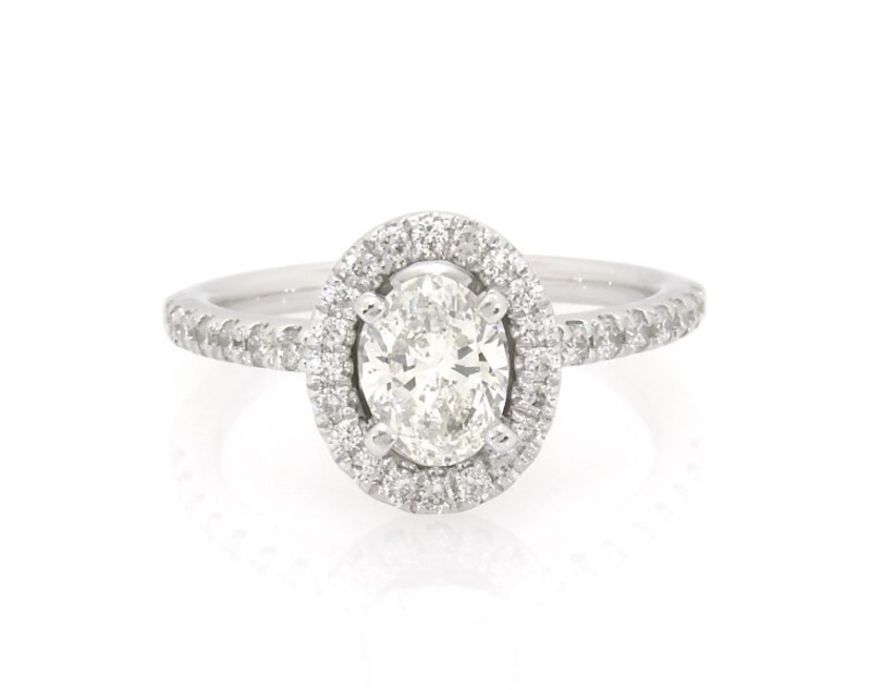 Main Image 1 of Previously Owned Oval-Cut Diamond Halo Engagement Ring 1 ct tw 14K White Gold Size 5.5