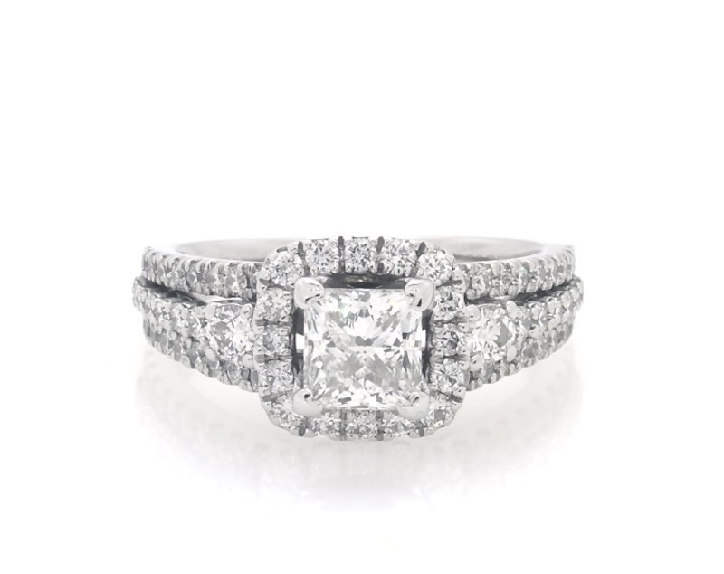 Main Image 1 of Previously Owned Certified Princess-Cut Diamond Halo Engagement Ring 1-5/8 ct tw 14K White Gold Size 5.5