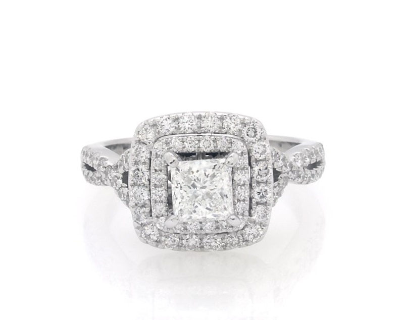 Main Image 1 of Previously Owned Princess-Cut Diamond Double Halo Engagement Ring 1-1/2 ct tw 14K White Gold Size 7