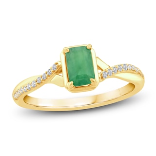 Previously Owned Rectangle-Cut Natural Emerald & Diamond Ring 1/10 ct tw 10K Yellow Gold