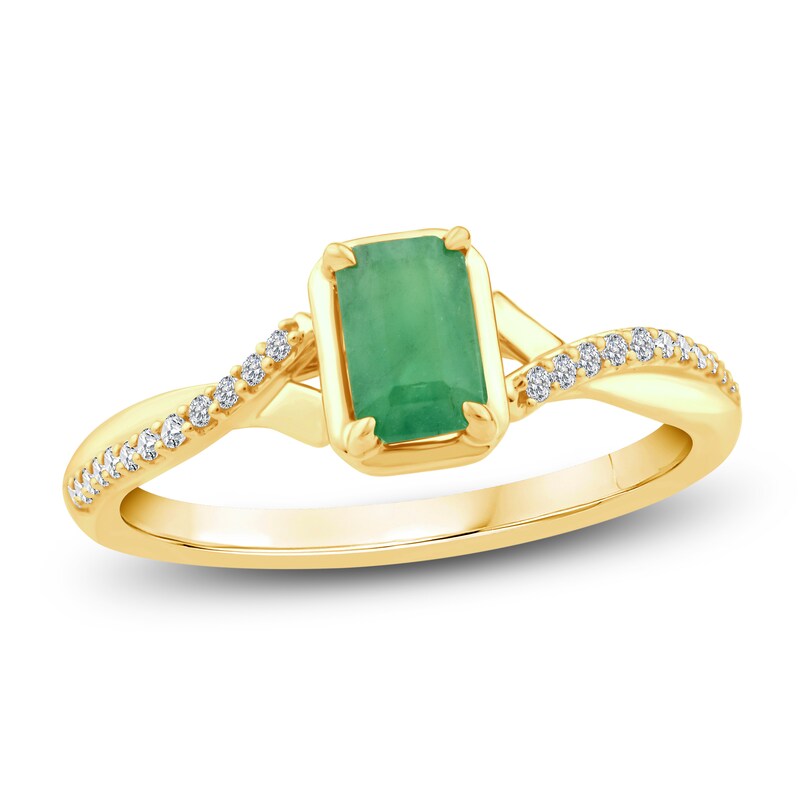 Main Image 1 of Previously Owned Rectangle-Cut Natural Emerald & Diamond Ring 1/10 ct tw 10K Yellow Gold
