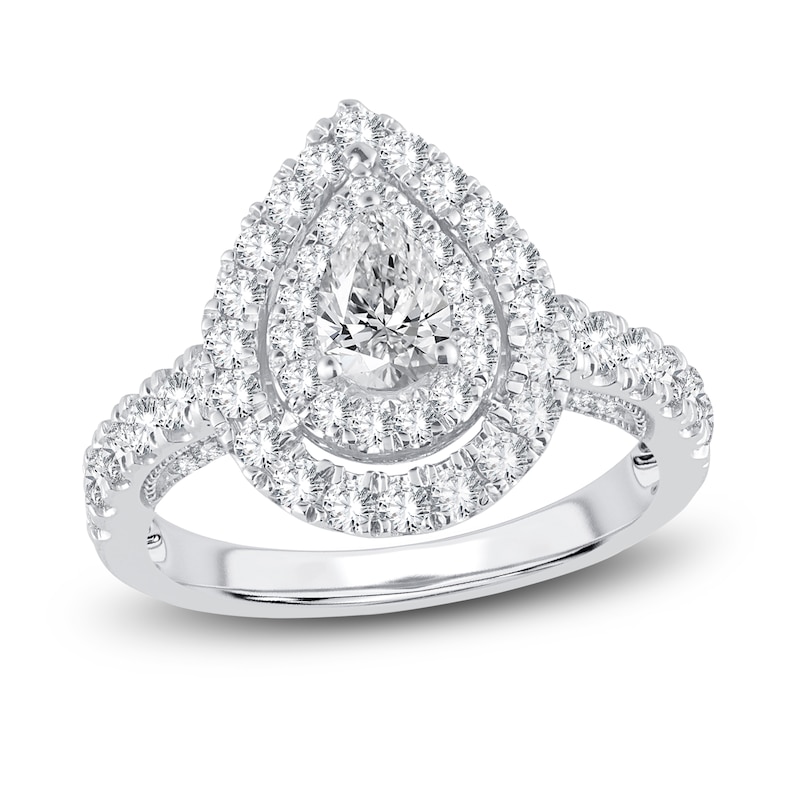 Main Image 1 of Diamond Double Halo Engagement Ring 1-1/2 ct tw Pear/Round 14K White Gold