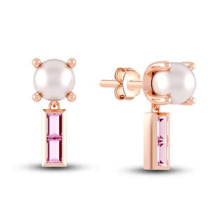 Juliette Maison Natural Pink Tourmaline Baguette and Freshwater Cultured Pearl Earrings 10K Rose Gold