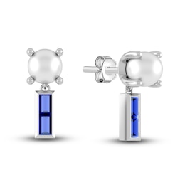 Juliette Maison Natural Blue Sapphire Baguette and Freshwater Cultured Pearl Earrings 10K White Gold